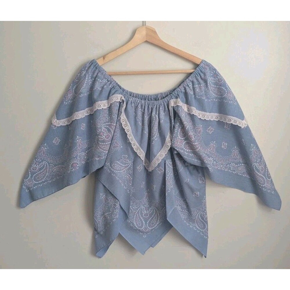 Vintage Handmade Bandana Top Flowy Blue Boho Off On Shoulder S M Festival Hanky